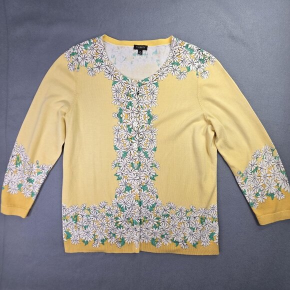 Talbots Cardigan Sweater Womens M Yellow Daisy Floral Button Front 3/4 Sleeve - Picture 2 of 12
